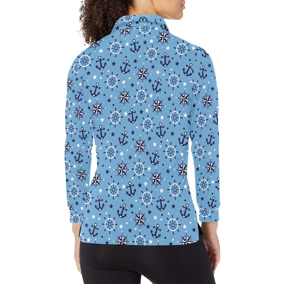 Anchors rudder compass star nautical pattern Women's Long Sleeve Polo Shirt