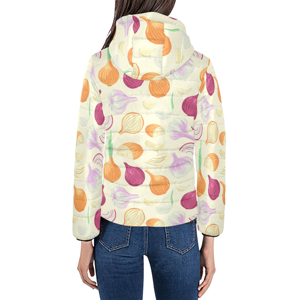 Onion garlic white red pattern Women's Padded Hooded Jacket