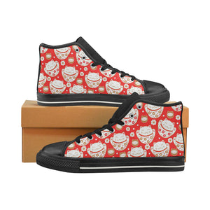 Cute Maneki neko cat red background Women's High Top Canvas Shoes Black
