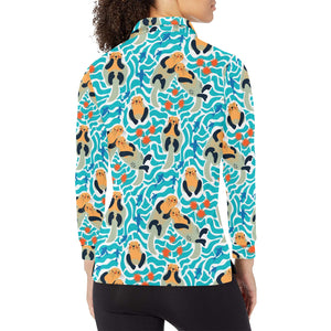 Cute sea otters fishe sea urchin pattern Women's Long Sleeve Polo Shirt