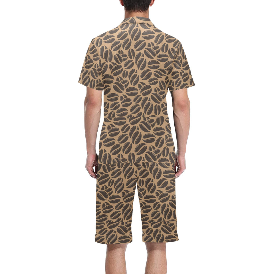 Coffee bean on brown background Men's V-Neck Short Pajama Set