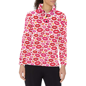 Lips Pattern Print Design 01 Women's Long Sleeve Polo Shirt