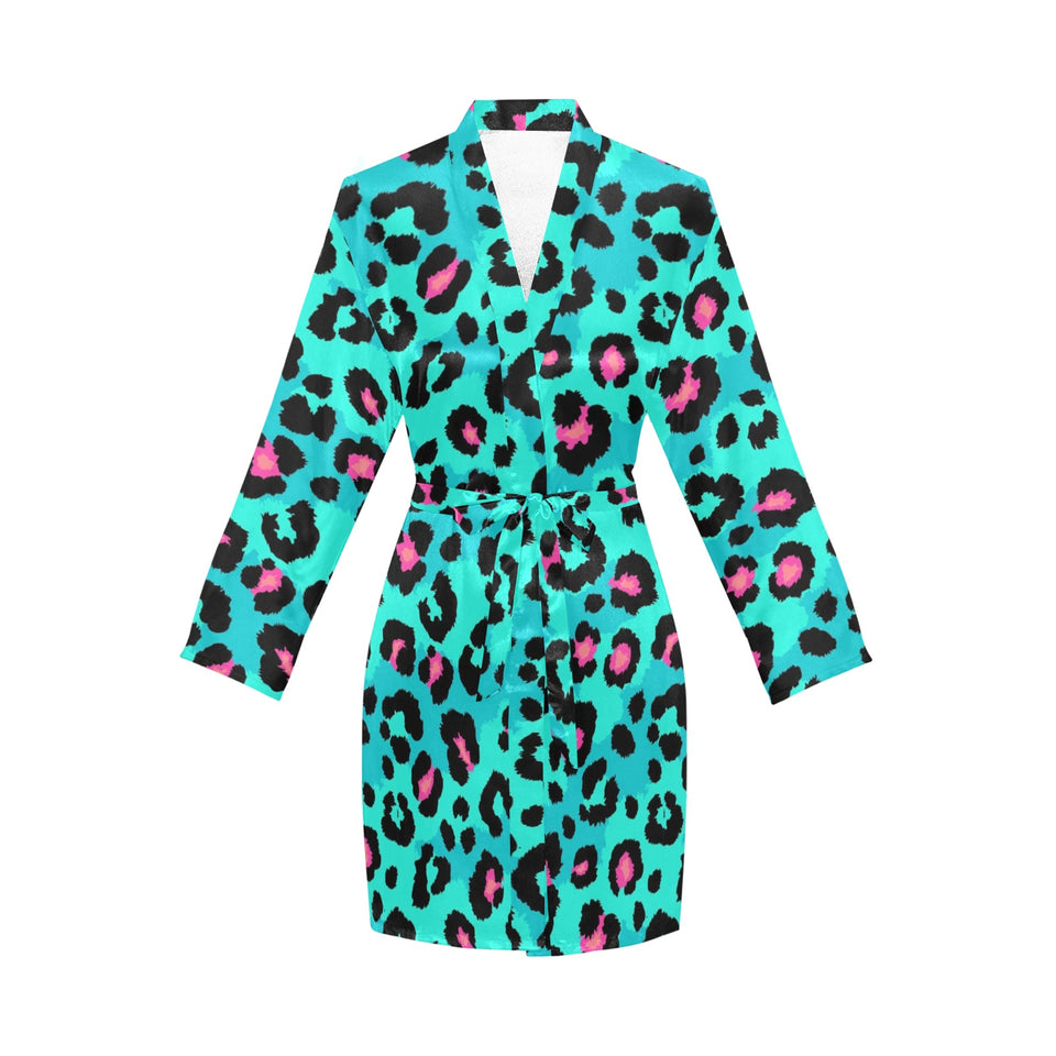 Green leopard skin print pattern Women's Long Sleeve Belted Night Robe