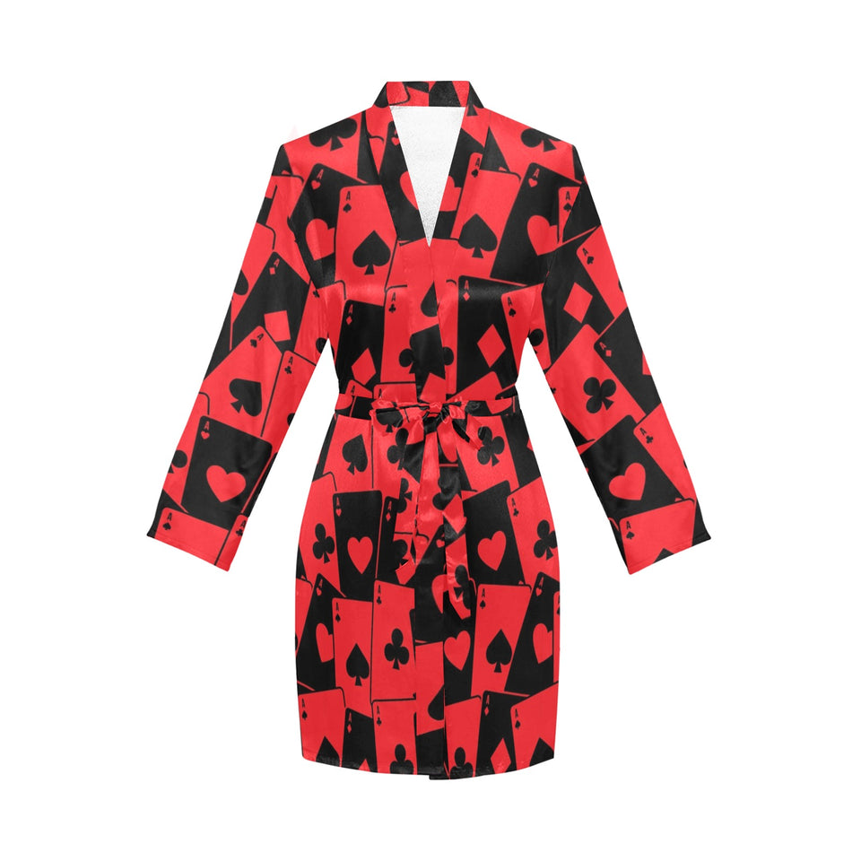 Casino Cards Suits Pattern Print Design 02 Women's Long Sleeve Belted Night Robe
