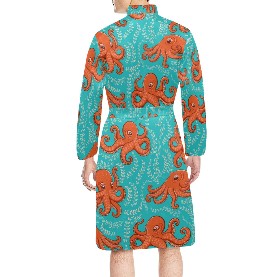 Octopus turquoise background Men's Long Sleeve Belted Night Robe