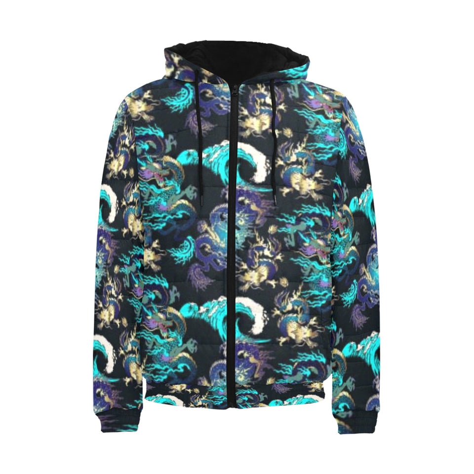 Dragon sea wave pattern Men's Padded Hooded Jacket