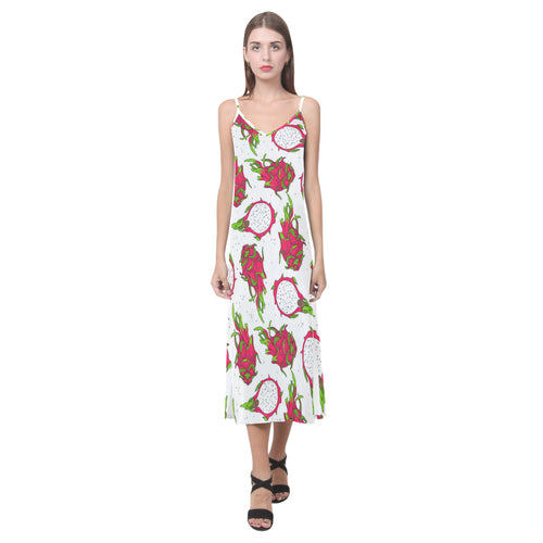 dragon fruits white background V-Neck Open Fork Long Dress