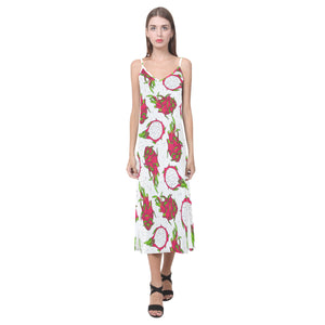 dragon fruits white background V-Neck Open Fork Long Dress