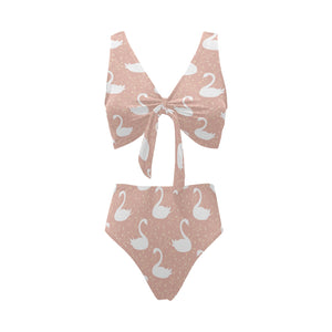 Swan flower light pink background Chest Bowknot High Waisted Bikini Swimsuit