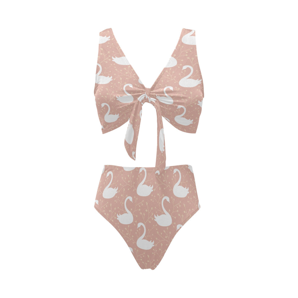 Swan flower light pink background Chest Bowknot High Waisted Bikini Swimsuit