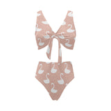 Swan flower light pink background Chest Bowknot High Waisted Bikini Swimsuit