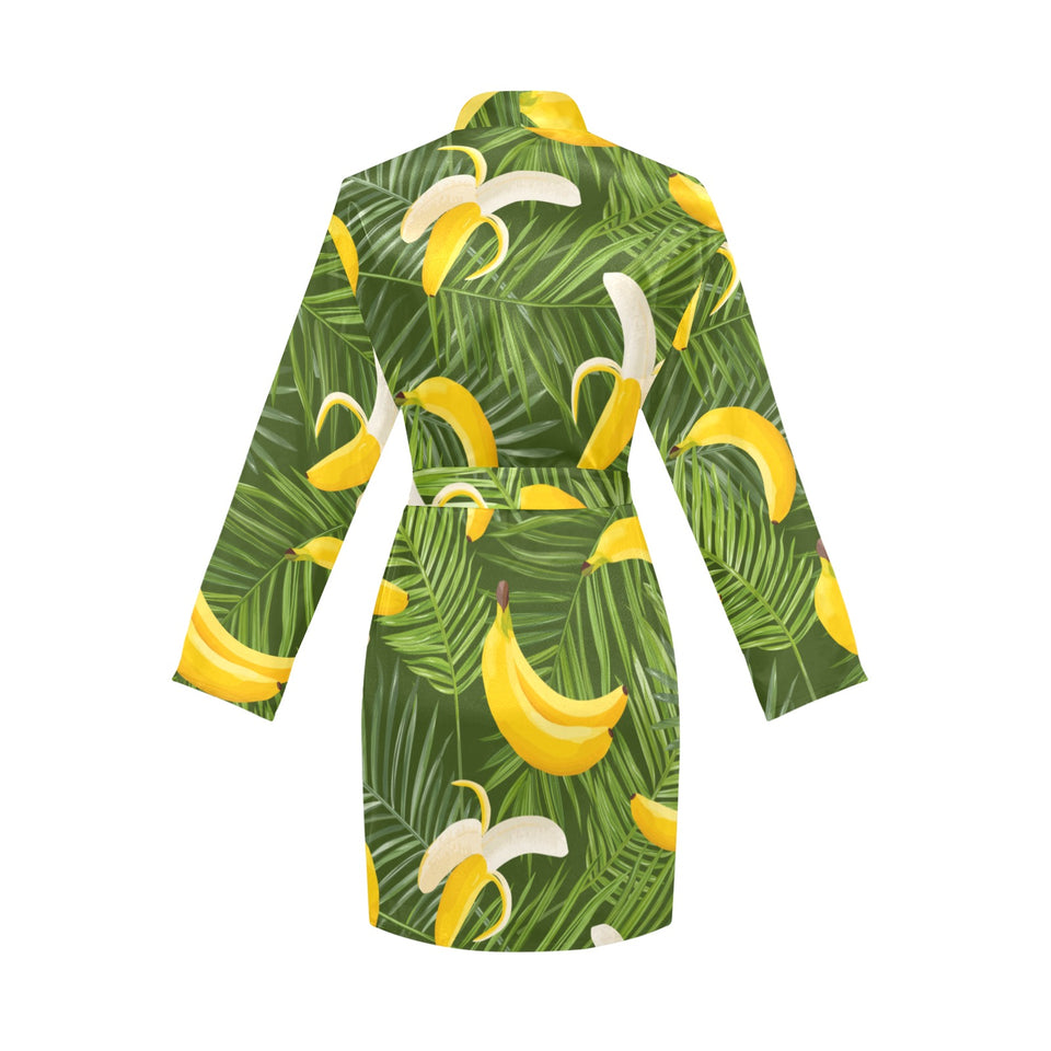 Banana Palm Leaves pattern Women's Long Sleeve Belted Night Robe
