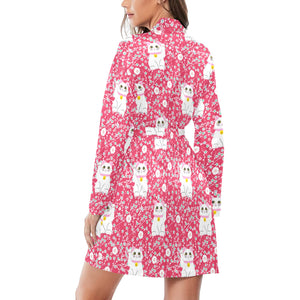 Maneki neko cat sakura pink background Women's Long Sleeve Belted Night Robe