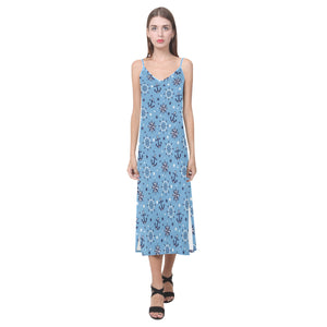 Anchors rudder compass star nautical pattern V-Neck Open Fork Long Dress