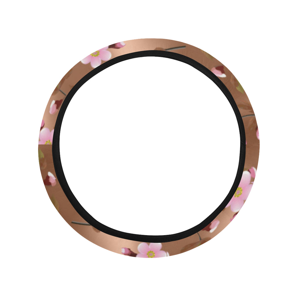 Pink sakura cherry blossom drak brown background Car Steering Wheel Cover