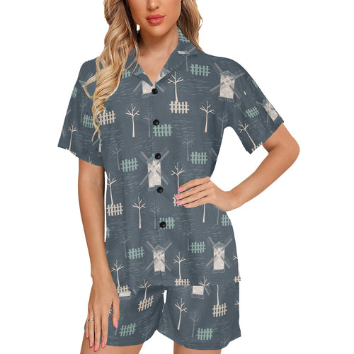 windmill tree pattern Women's V-Neck Short Pajama Set