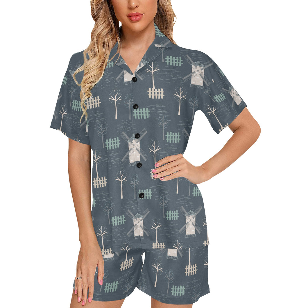windmill tree pattern Women's V-Neck Short Pajama Set