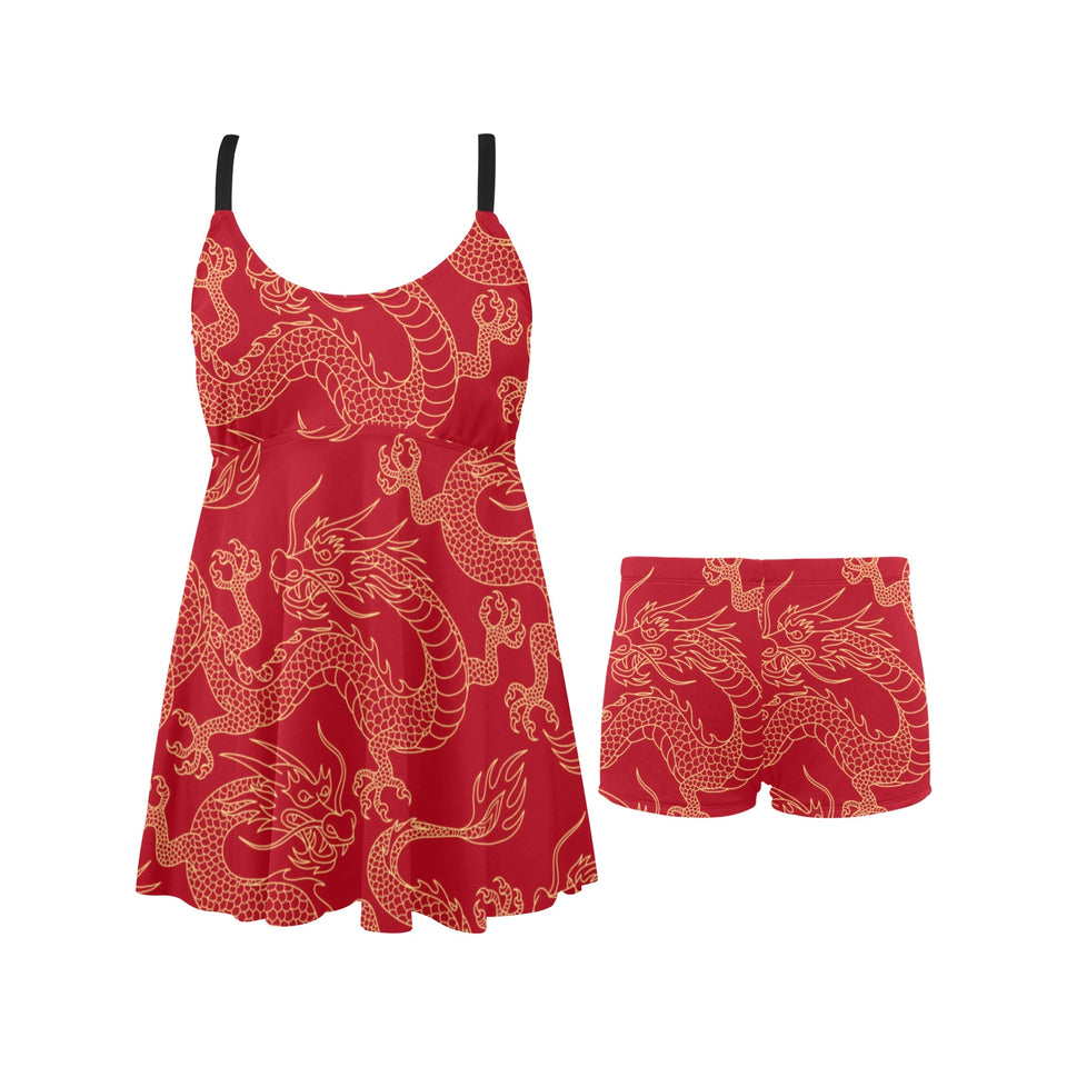 Gold dragons red background Chest Sexy Pleated Two Piece Swim Dress
