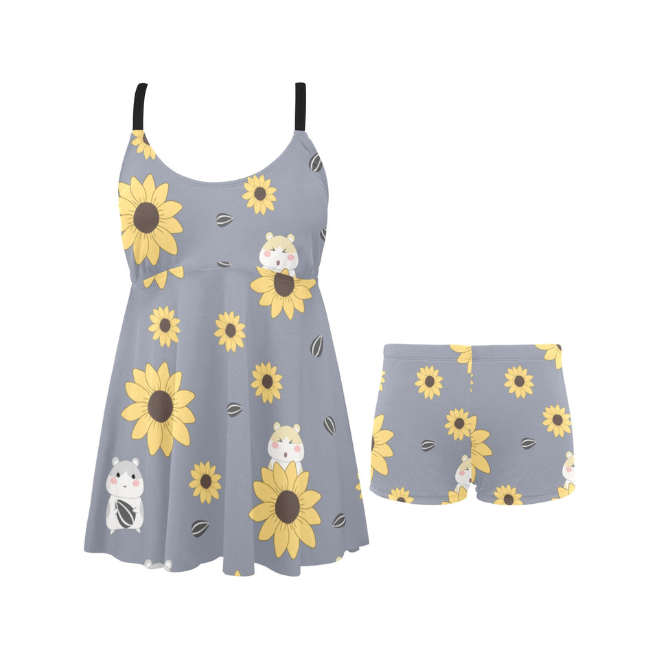 Cute hamster sunflower pattern background Chest Sexy Pleated Two Piece Swim Dress