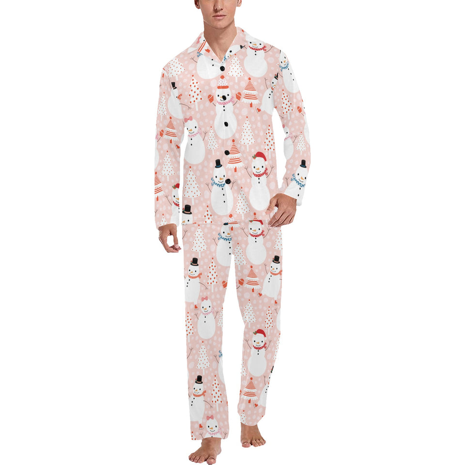 Cute snowman christmas tree snowpink background Men's Long Pajama Set