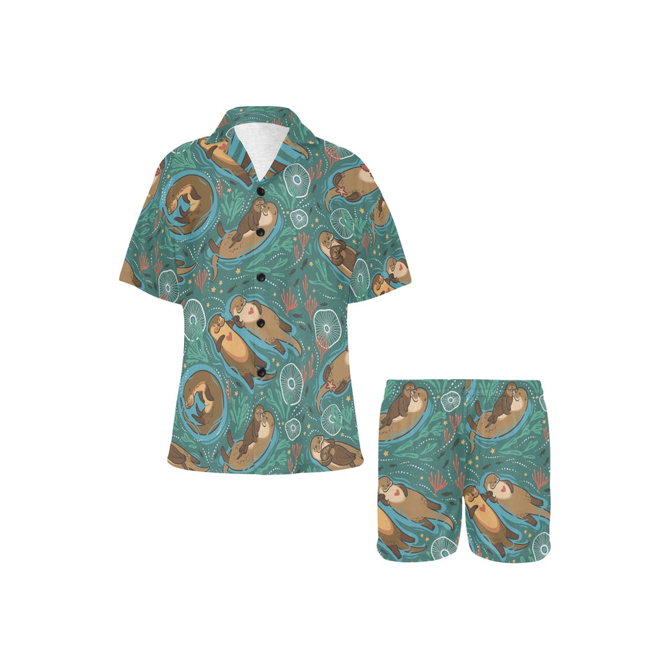 cute brown sea otters ornamental seaweed corals gr Women's V-Neck Short Pajama Set