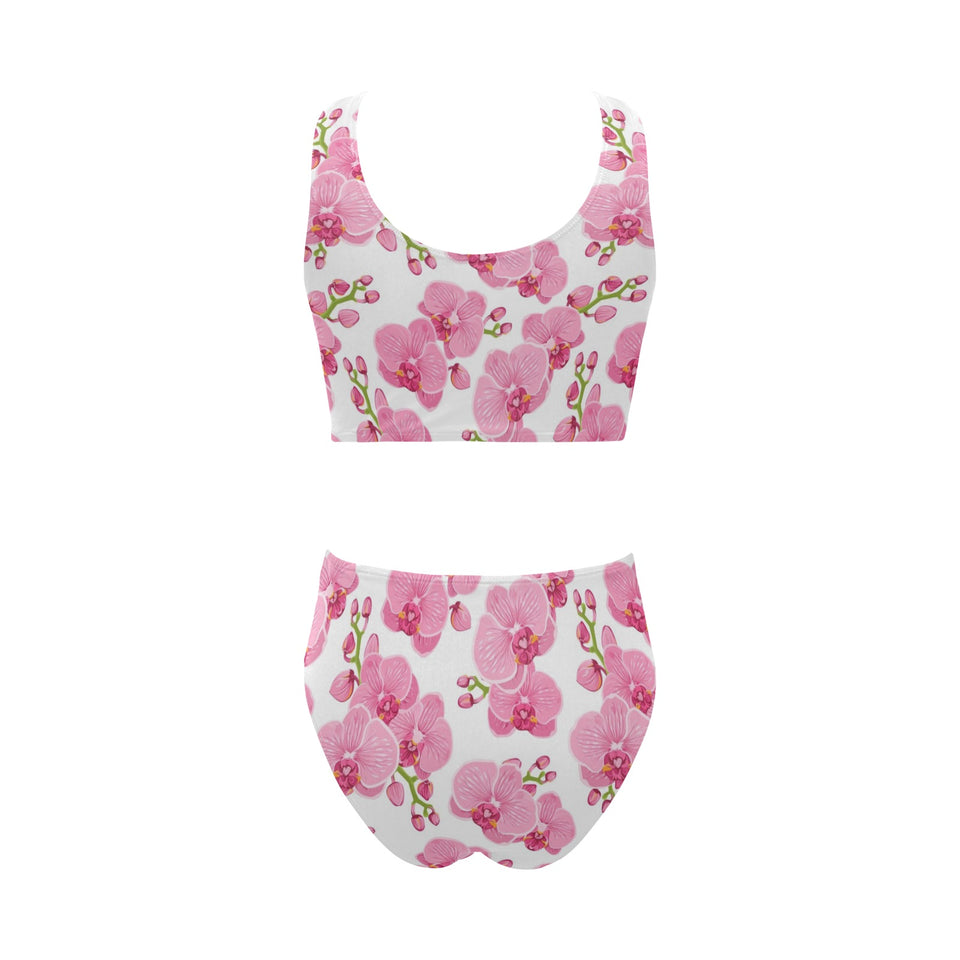 pink purple orchid pattern background Chest Bowknot High Waisted Bikini Swimsuit