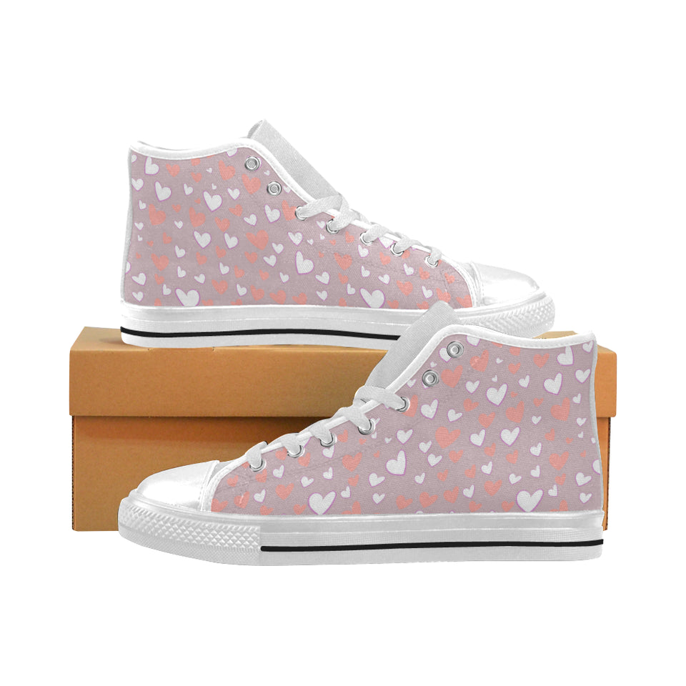 coral white heart pattern Men's High Top Canvas Shoes White