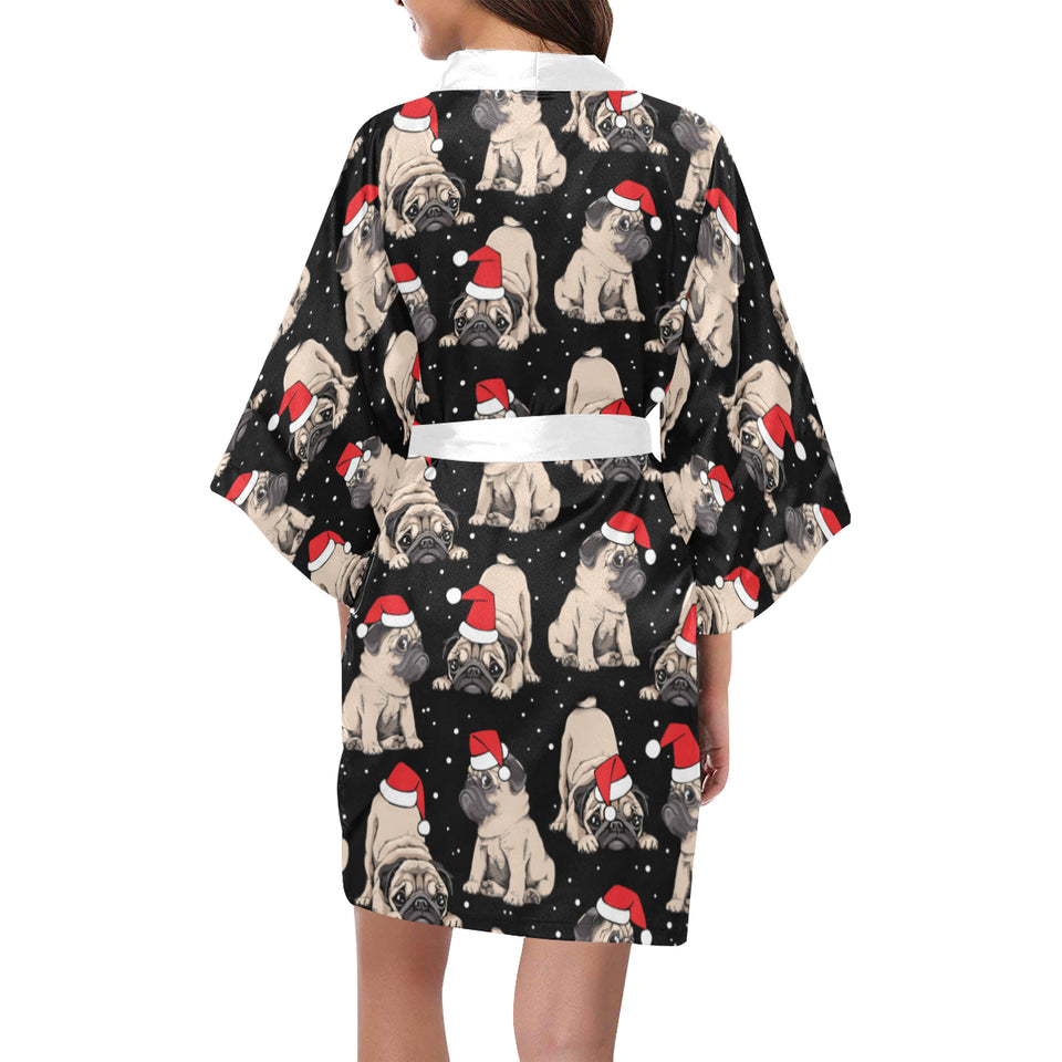 Christmas Pugs Santa_s red cap pattern Women's Short Kimono Robe