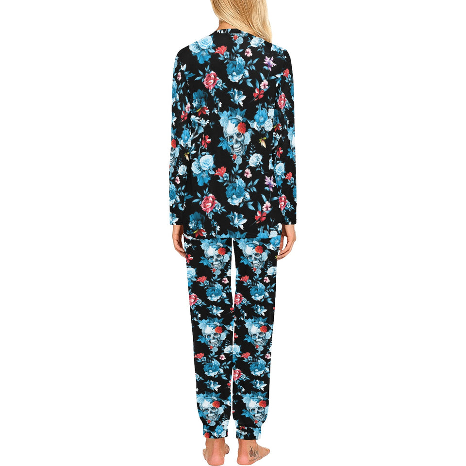 Skull flower roses leave pattern Women's All Over Print Pajama Set