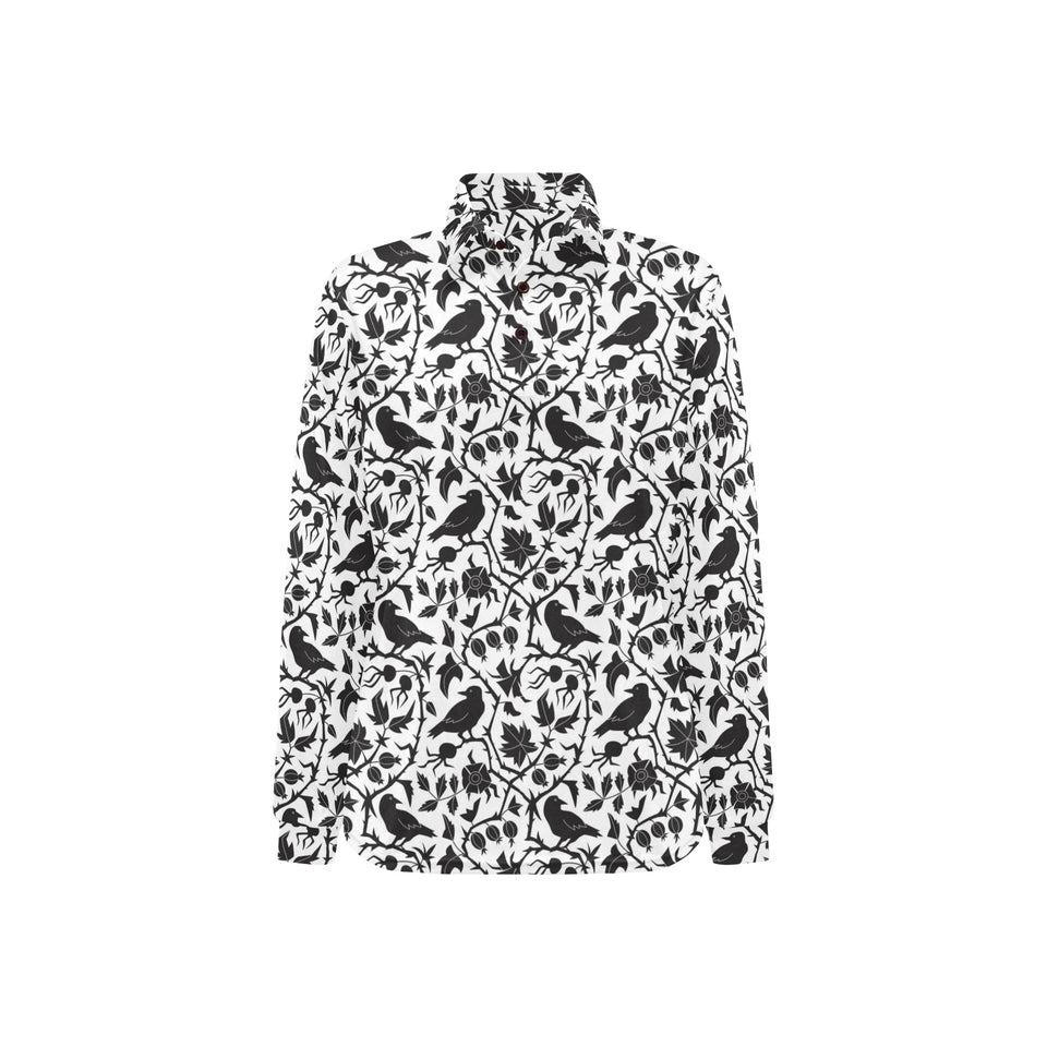 Crow dark floral pattern Women's Long Sleeve Polo Shirt