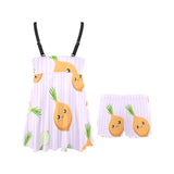 cute onions smiling faces purple background Chest Sexy Pleated Two Piece Swim Dress
