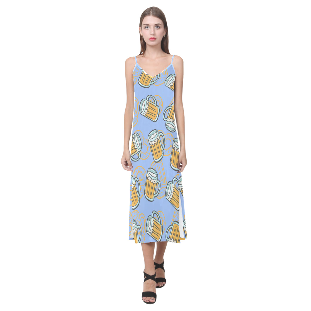 Beer pattern V-Neck Open Fork Long Dress