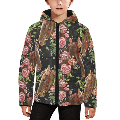 Horse head wild roses pattern Kids' Boys' Girls' Padded Hooded Jacket