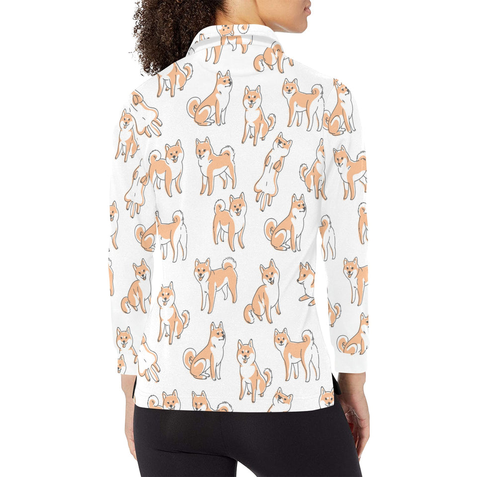 shiba inu dog pattern Women's Long Sleeve Polo Shirt