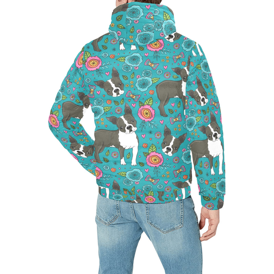 Boston terrier beautiful flower pattern Men's Padded Hooded Jacket