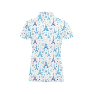 Blue Eiffel Tower Theme Pattern Print Design 01 Women's All Over Print Polo Shirt