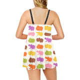 Hippopotamus Pattern Print Design 01 Chest Sexy Pleated Two Piece Swim Dress
