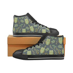 Cute owls leaves pattern Women's High Top Canvas Shoes Black