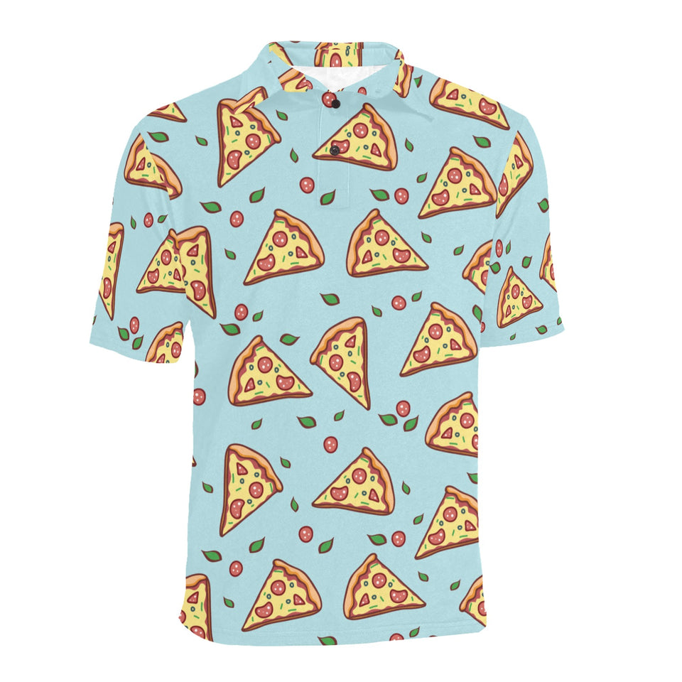 Hand drawn pizza blue background Men's All Over Print Polo Shirt
