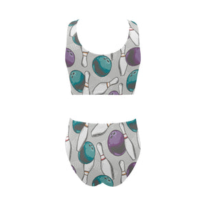 Bowling ball and pin gray background Chest Bowknot High Waisted Bikini Swimsuit