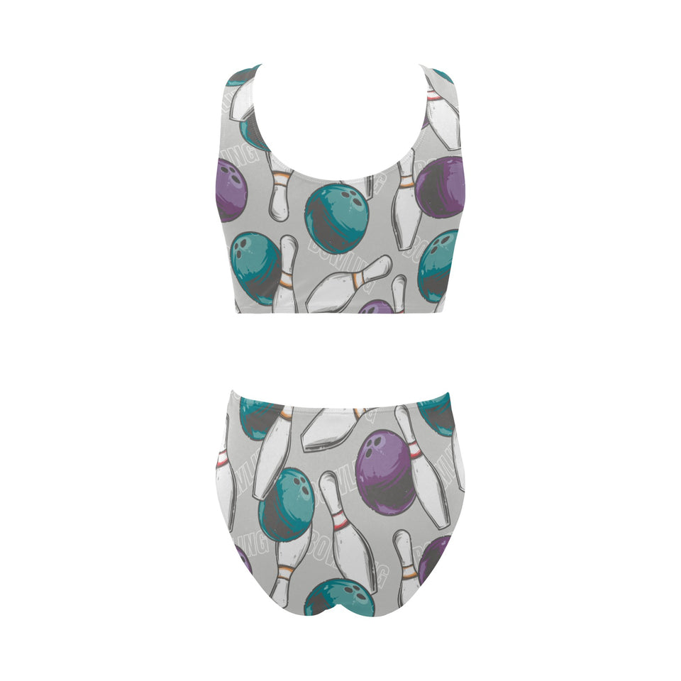 Bowling ball and pin gray background Chest Bowknot High Waisted Bikini Swimsuit