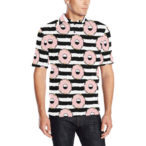Donuts pink icing striped pattern Men's All Over Print Polo Shirt