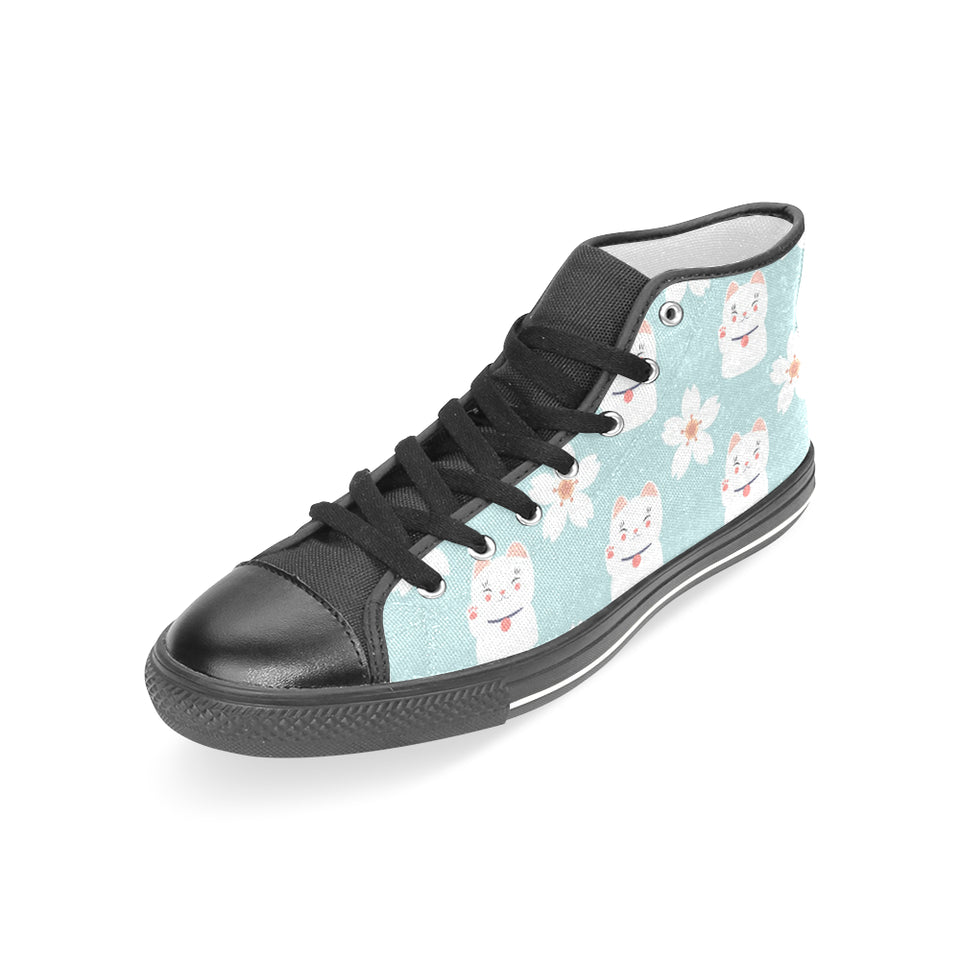 Maneki neko cat sakura Women's High Top Canvas Shoes Black