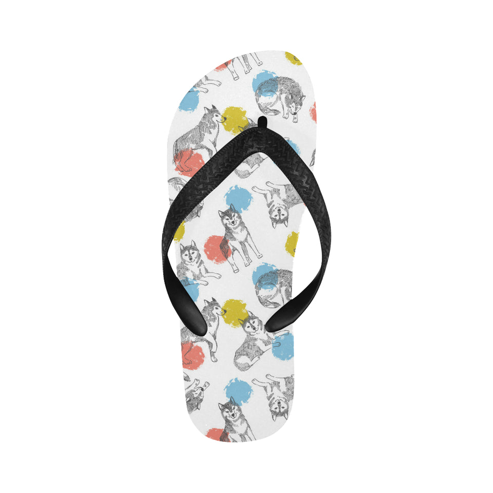 Siberian husky and colorful circle pattern Unisex Flip Flops