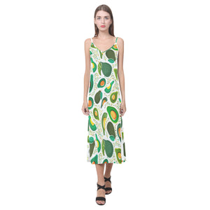 Avocado design pattern V-Neck Open Fork Long Dress