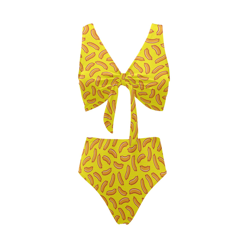 Sausage Pattern Print Design 01 Chest Bowknot High Waisted Bikini Swimsuit