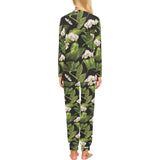 White orchid flower tropical leaves pattern blackg Women's All Over Print Pajama Set