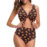 Hamburger Pattern Print Design 05 Chest Bowknot High Waisted Bikini Swimsuit