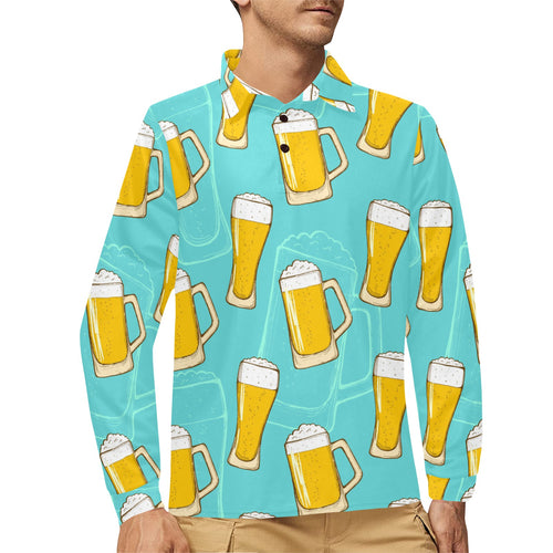 Beer pattern green background Men's Long Sleeve Polo Shirt
