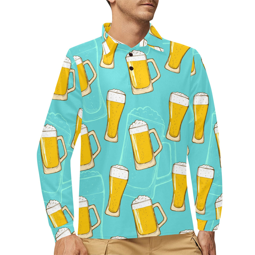 Beer pattern green background Men's Long Sleeve Polo Shirt